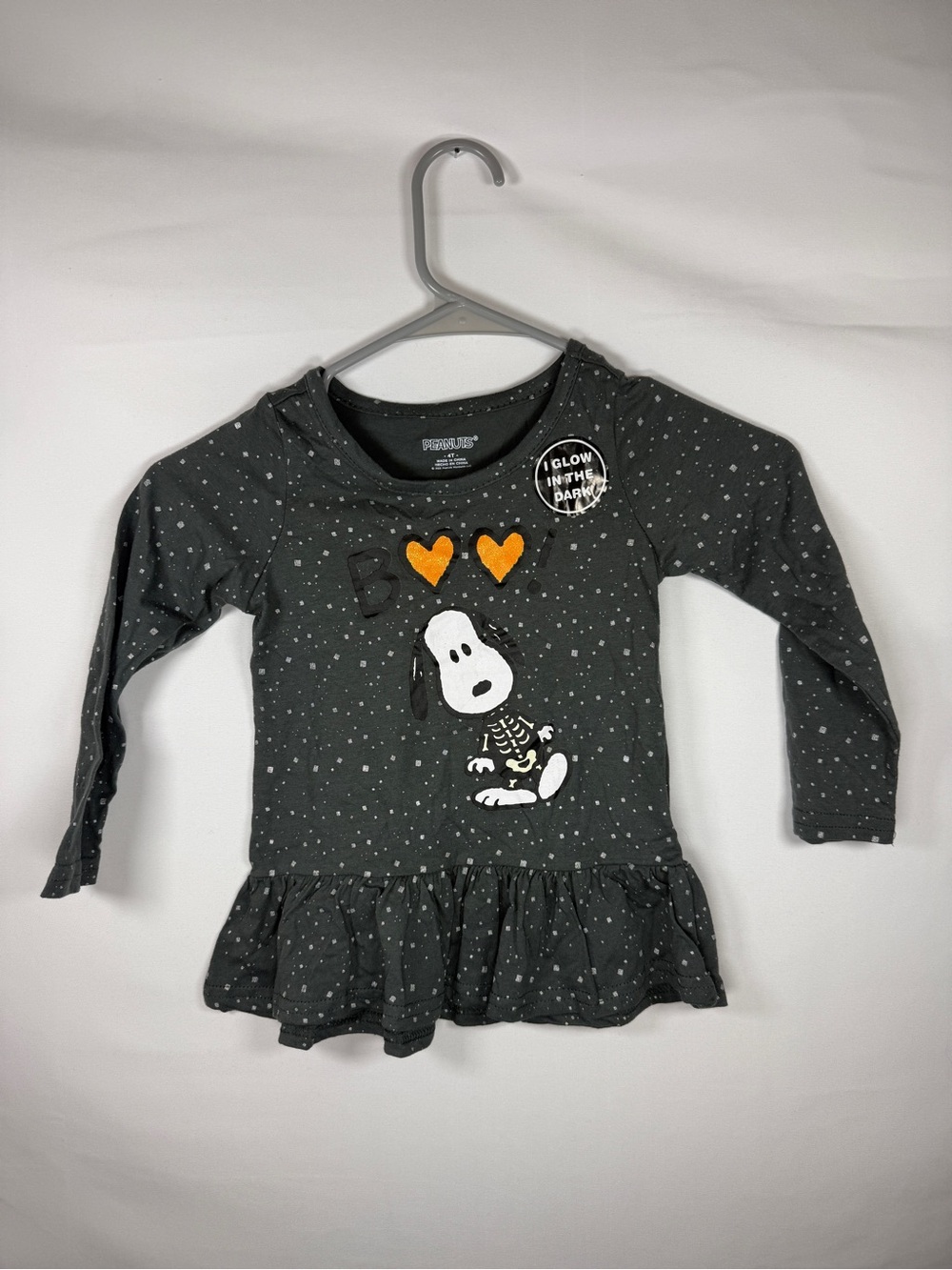 Peanuts Snoopy Halloween Shirt Girls 4T Glow in Dark Skeleton Peplum Top NWOT